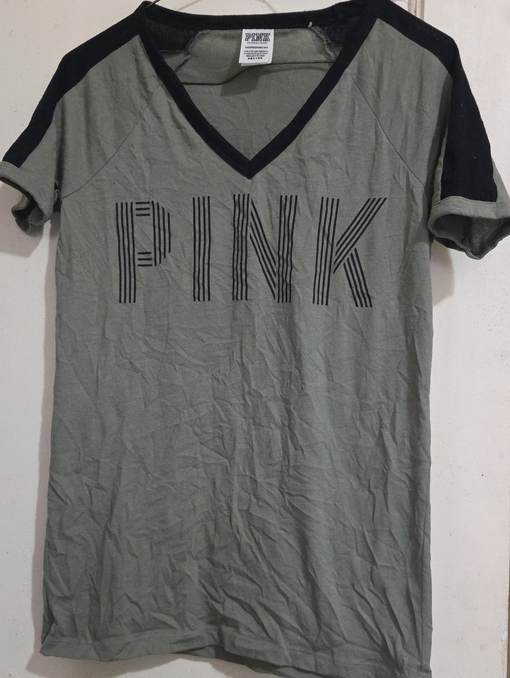 PINK Victoria's Secret Olive Green V-Neck Tee with Black Accents